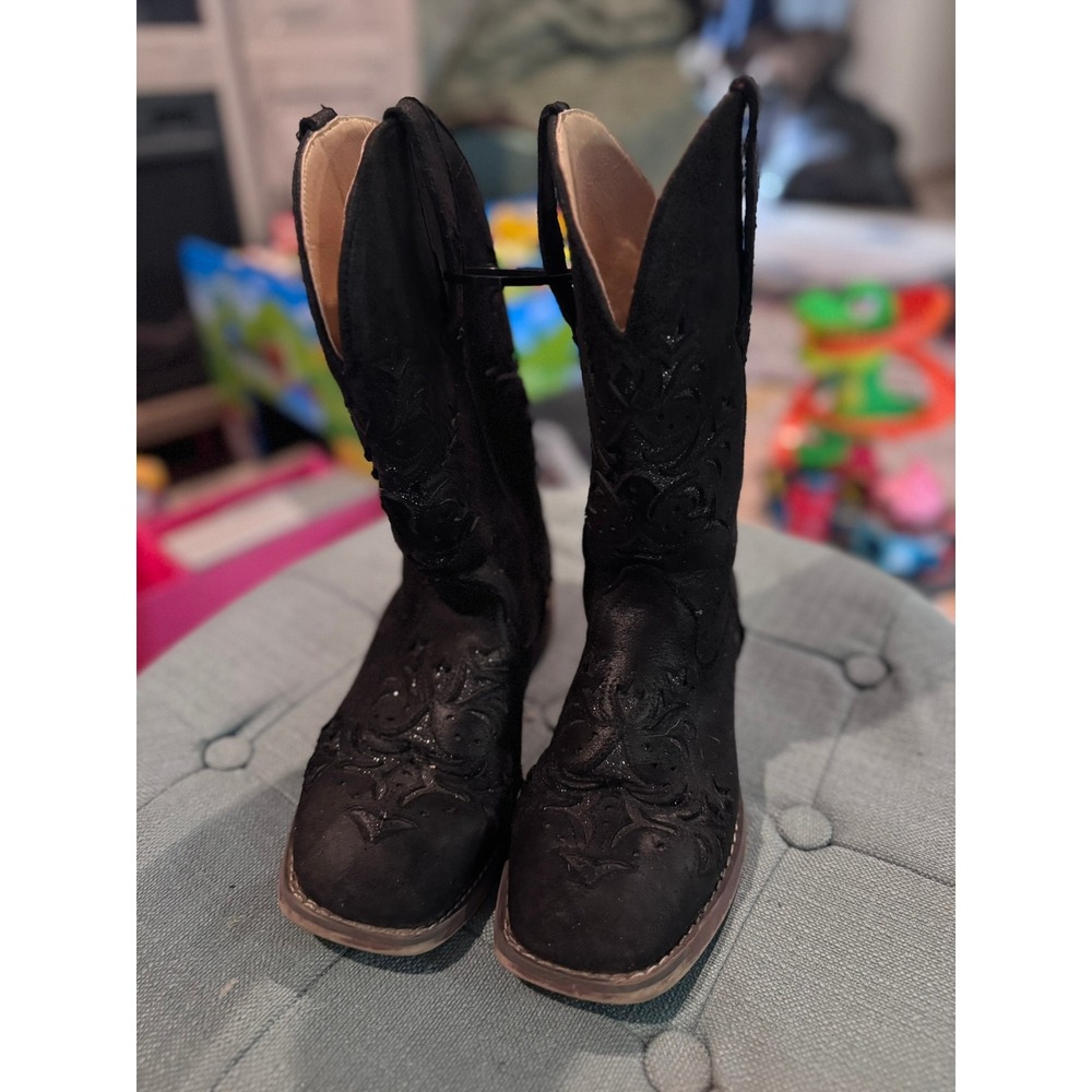 Roper Kennedy Black Faux Leather Square Toe Western Cowboy Boots with Glitter